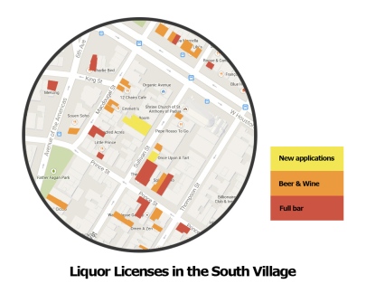 liquor licenses in the south village, a map with legend